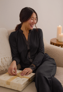 Luxury modal pajama set with mesh details and satin drawstring.