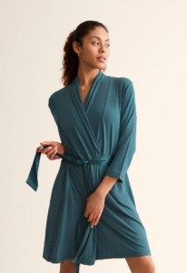 Fleur’t luxury robe in eco-friendly fabric with satin ties and ruched waist.